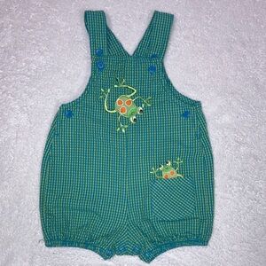 Okie dokie blue green gingham embroidered frog shortall 6/9m